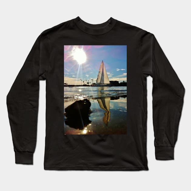 White Sailboat Reflecting in the Sparkling Glassy Water Long Sleeve T-Shirt by 1Redbublppasswo